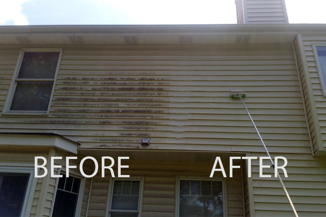A house exterior before and after a wash by Adams Power Shower